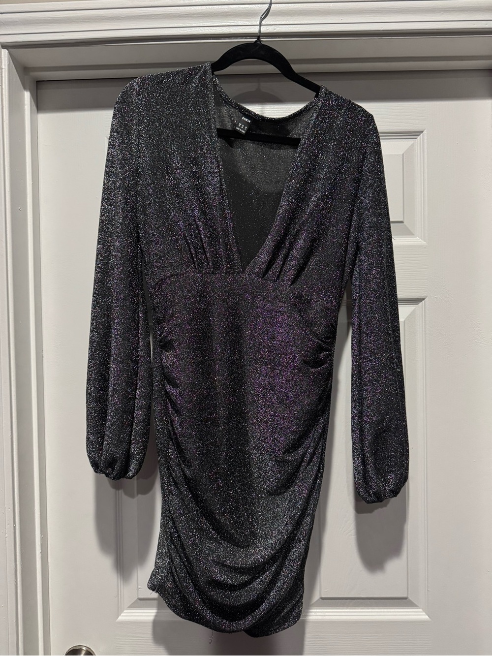 SHEIN Black with Purple Sparkle Long Sleeve V-Neck Ruched Mini Dress